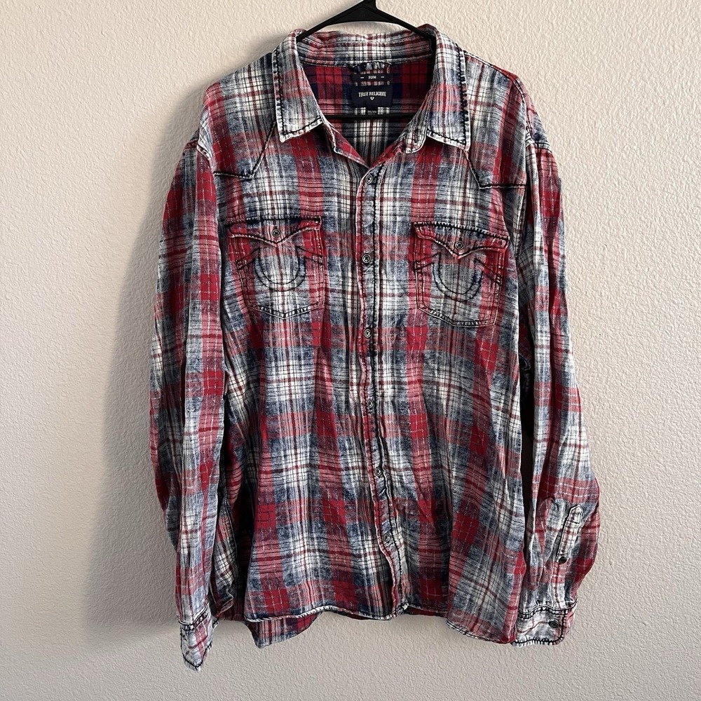 True Religion Western Shirt Men's Size 3XL Red Blue Plaid Long Sleeve Button UP